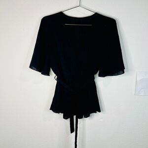 Chic Black Wrap Top with Belted Waist Boho Casual Flowy V-Neck Blouse Size Large